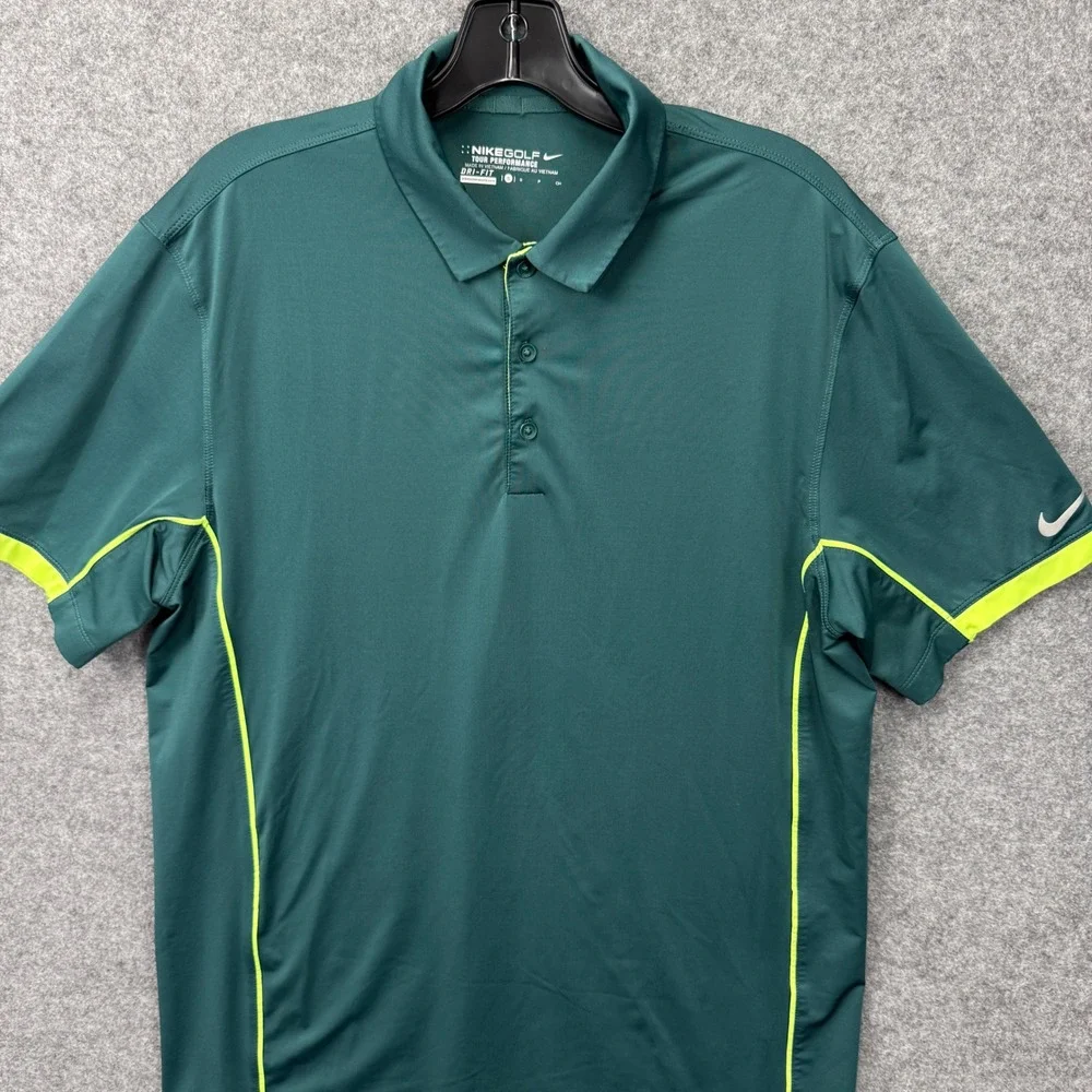 Nike Golf Tour Performance Dri-FIT Polo Mens Small Green Neon Yellow Piping